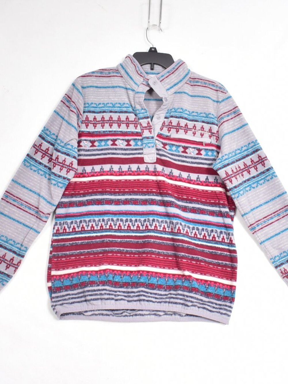 Columbia Women's Stripe Fleece Pull Over Size Large Grey Red Blue